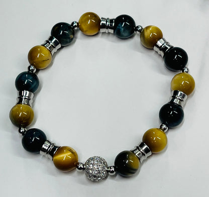 Men's Blue and Honey Gold Tiger Eye Gemstone Bracelet with Silver Pave Bead, Handmade Beaded Bracelet, Unisex, Large Wrist