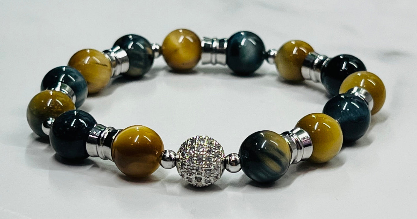 Men's Blue and Honey Gold Tiger Eye Gemstone Bracelet with Silver Pave Bead, Handmade Beaded Bracelet, Unisex, Large Wrist