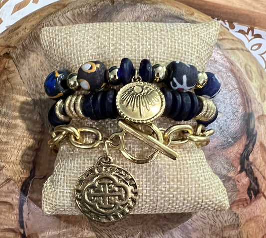 Women's Navy and Gold Bracelet Stack,  Gold Chain and Cross Charm Bracelet, African Glass and Brass Beads