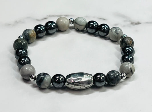 Men's Bracelet in Gray, Black and Silver, Picasso Jasper Gemstone, Hematite Beaded Bracelet, Gift for Him