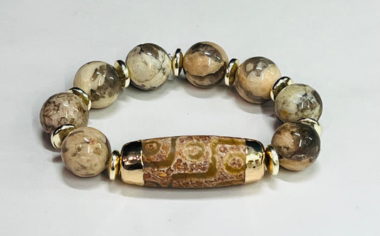 Women's Tan and Gold Graphic Feldspar Gemstone Beaded Bracelet, Chunky Boutique Jewelry, Neutral or Natural Tones