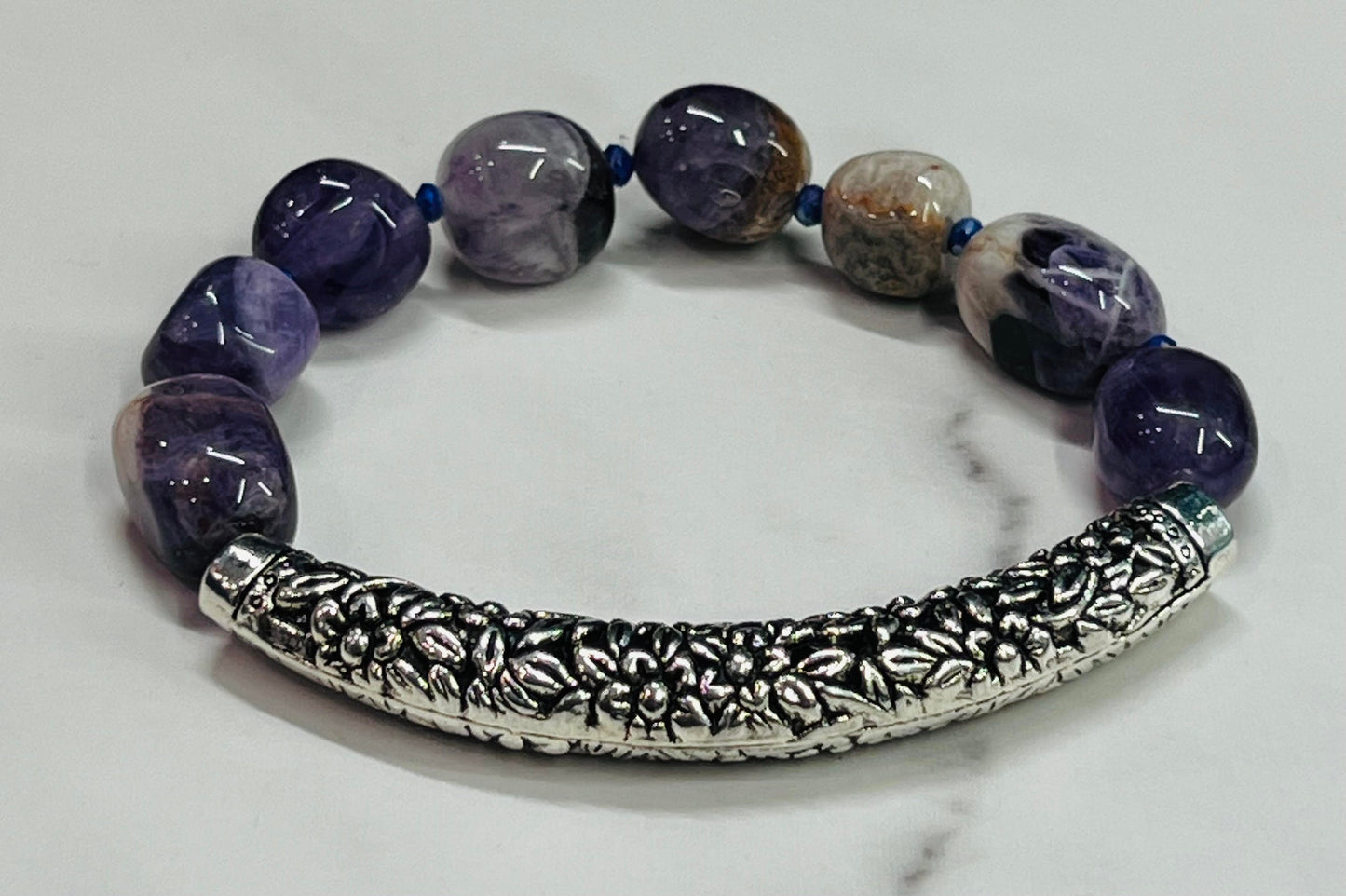 Women's Purple Amethyst Gemstone Bead Bracelet Stack, Handmade Purple and Silver Bracelet Set,  Boutique Jewelry