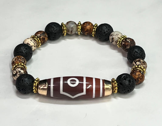 Men's or Women's Black and Brown Gemstone Bracelet, Lava Bead Bracelet with Tibetan Style Focal