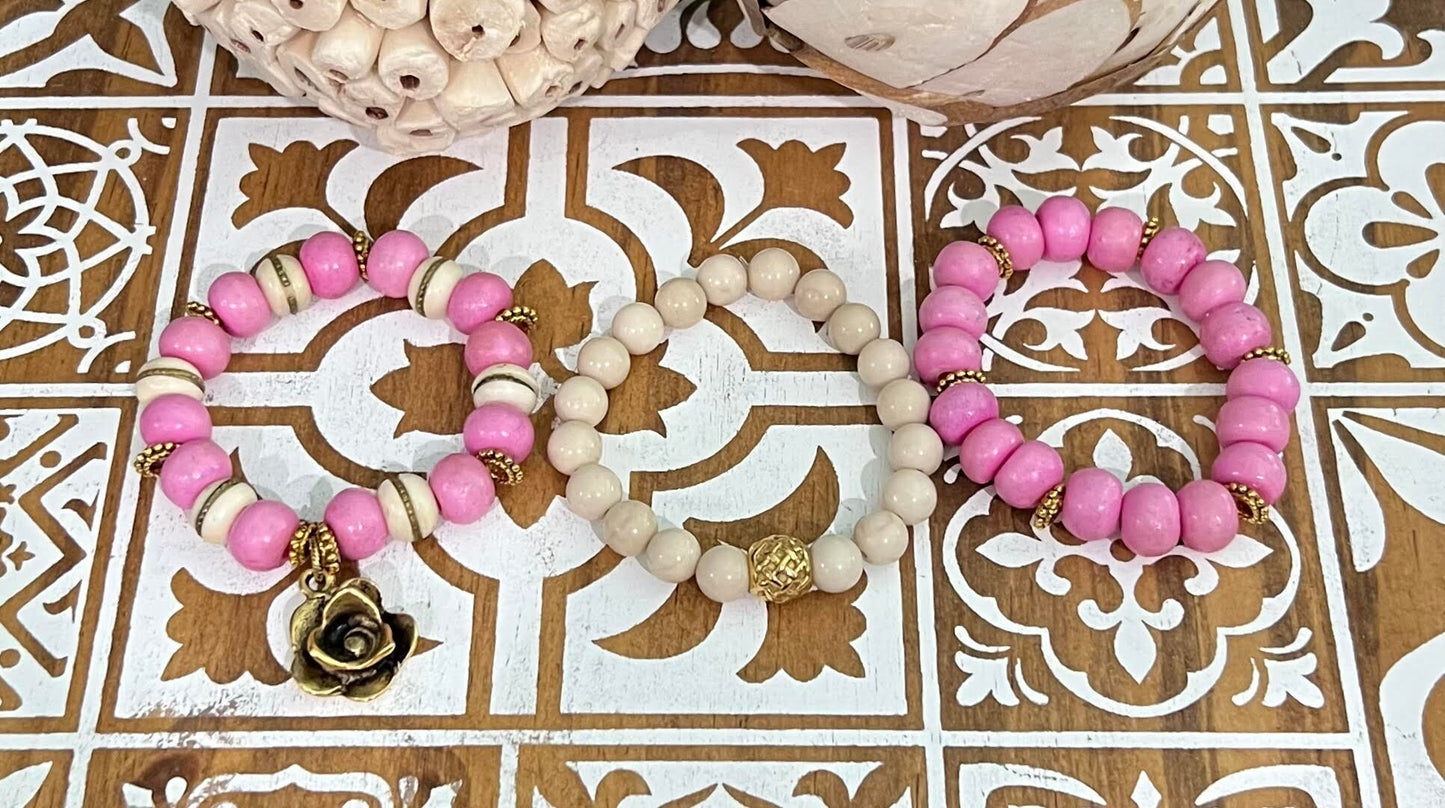 Women's Pink and Gold Rose Charm Bracelet Stack, Pink and Cream African Beaded Bracelet, Boutique Stack Bracelet, Gift for Her