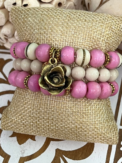 Women's Pink and Gold Rose Charm Bracelet Stack, Pink and Cream African Beaded Bracelet, Boutique Stack Bracelet, Gift for Her