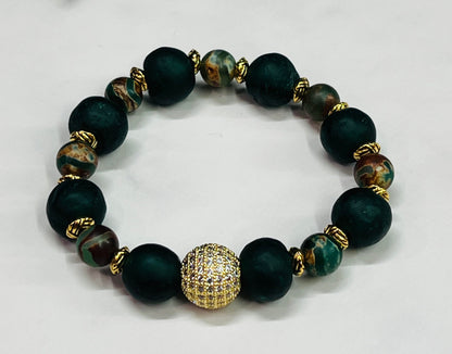 Women's Emerald Green Bracelet with Recycled Glass, Tibetan Agate and Pave Crystal Bracelet, Boutique Beaded Jewelry, Green, Brown and Gold