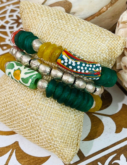 Women's Handmade Bracelet Stack in Green, Yellow and Gold, African Inspired Jewelry, Glass Beaded Set, Boutique Style Gifts, Small Wrist