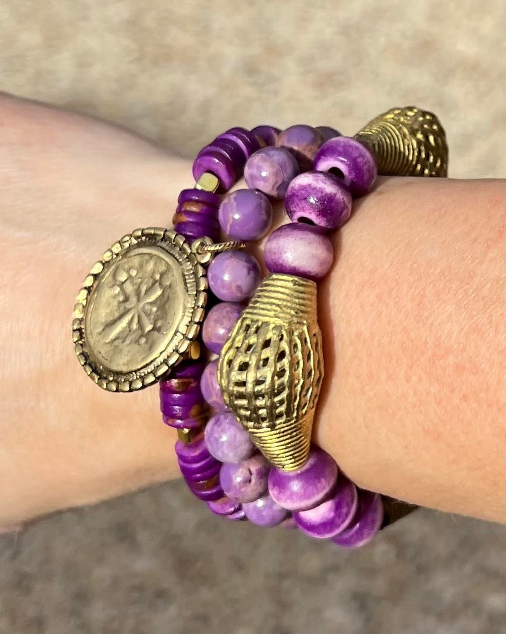 Women's Purple and Gold Bracelet Stack, Handmade Beaded Bracelet Set, Gemstone and African Boutique Pieces, Gift Idea, Smaller Wrist