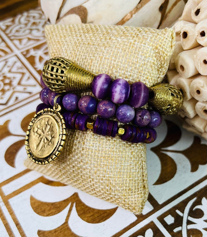 Women's Purple and Gold Bracelet Stack, Handmade Beaded Bracelet Set, Gemstone and African Boutique Pieces, Gift Idea, Smaller Wrist