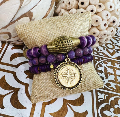 Women's Purple and Gold Bracelet Stack, Handmade Beaded Bracelet Set, Gemstone and African Boutique Pieces, Gift Idea, Smaller Wrist