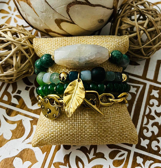 Women's Green and Gold Gemstone and Glass Beaded Bracelet Stack,  Lock and Leaf Charm Bracelet, Gift for Her