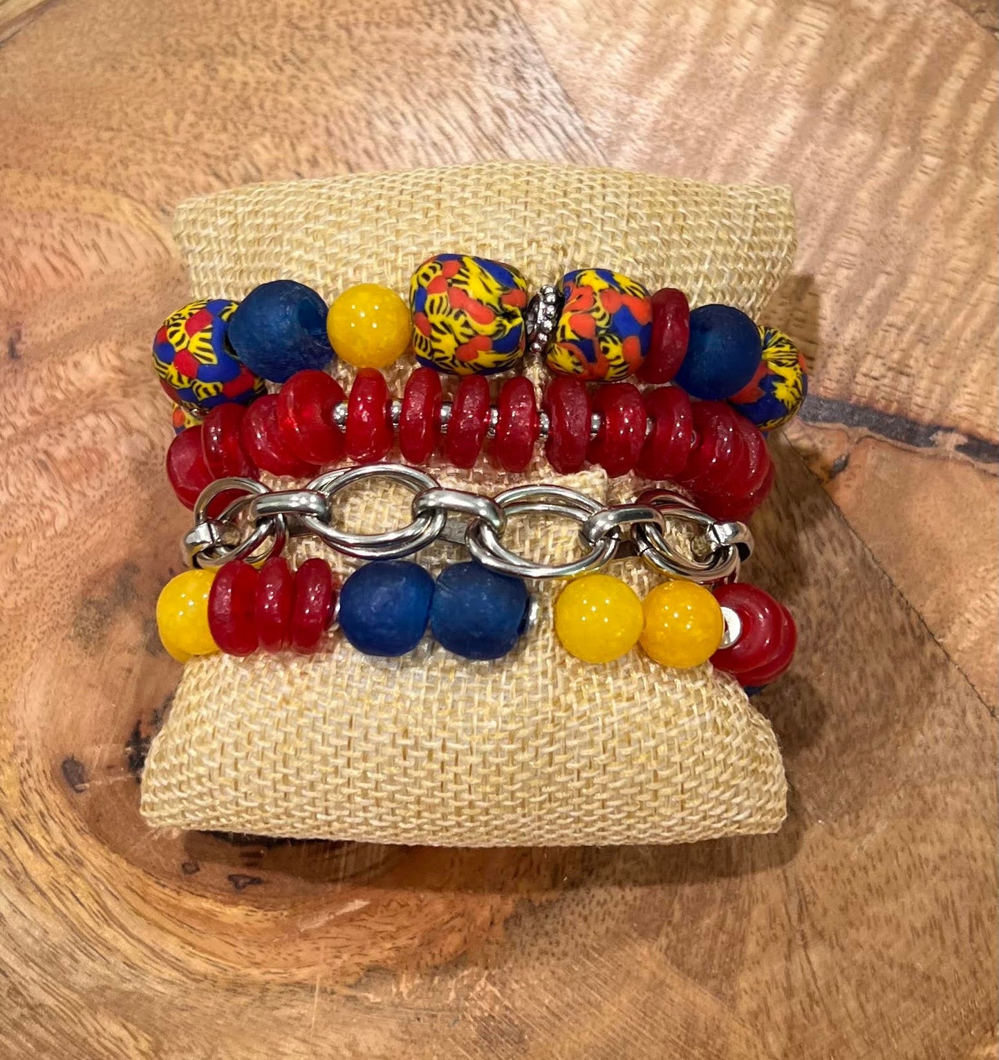 Women's Handmade Bracelet Stack in Red, Blue, Yellow, African Style Beaded Bracelet, Silver Chain Bracelet with Toggle Clasp, Gift for Her