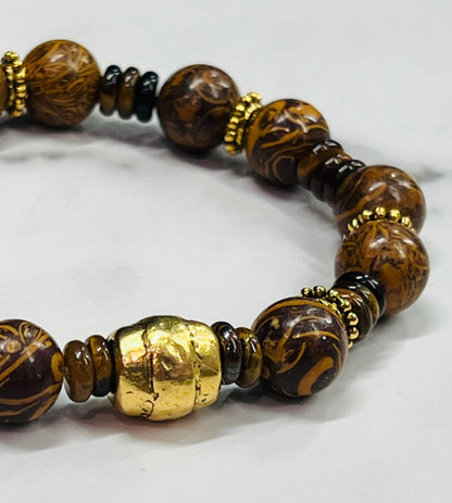 Men's Bracelet in Brown and Black Calligraphy Jasper Gemstone and Tiger's Eye,  Unisex Beaded Jewelry, Gift for Him