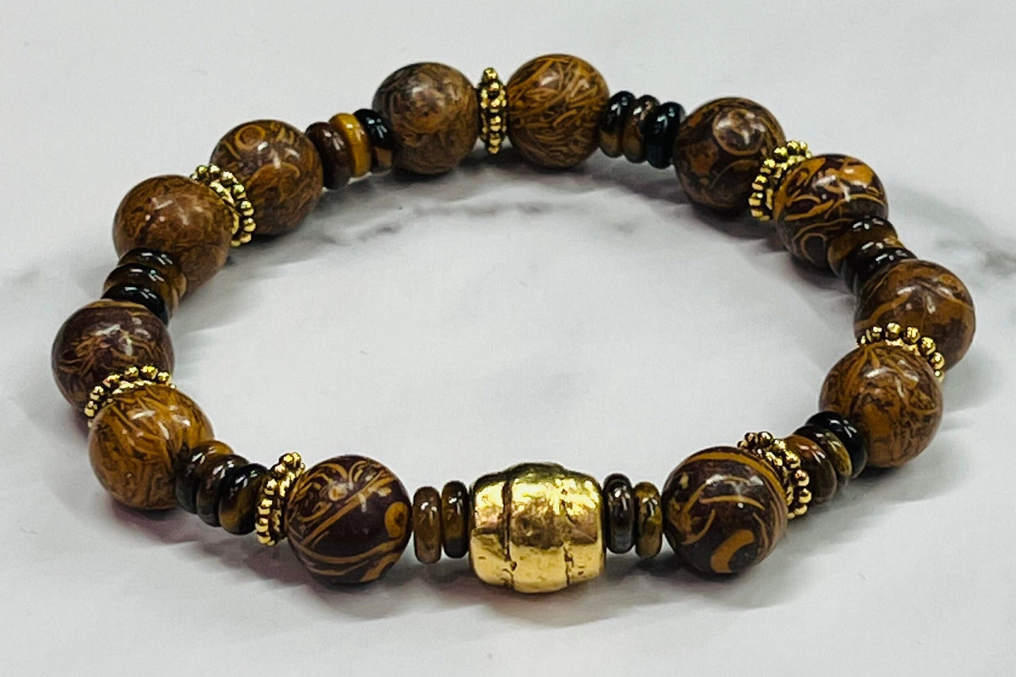 Men's Bracelet in Brown and Black Calligraphy Jasper Gemstone and Tiger's Eye,  Unisex Beaded Jewelry, Gift for Him