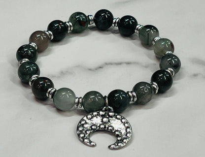 Men's Green, Burgundy and Silver African Bloodstone Gemstone Beaded Bracelet, Antiqued Pewter Half Moon Charm Bracelet, Unisex Crescent Moon