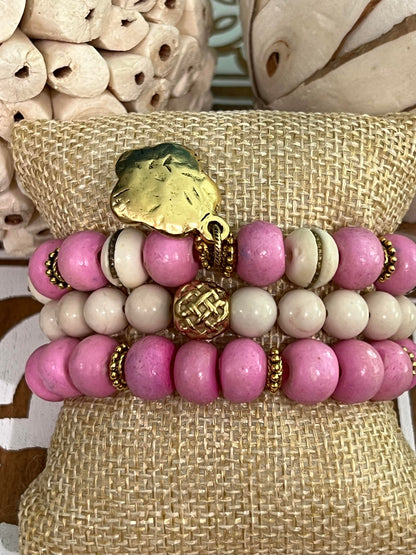 Women's Pink and Gold Rose Charm Bracelet Stack, Pink and Cream African Beaded Bracelet, Boutique Stack Bracelet, Gift for Her