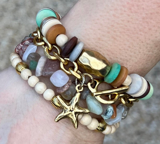 Women's Starfish Charm Bracelet Stack, Tan, Green, Brown and Gold Wood and Gemstone Beads and Chain Set, Beach Boho Boutique, Gift for Her