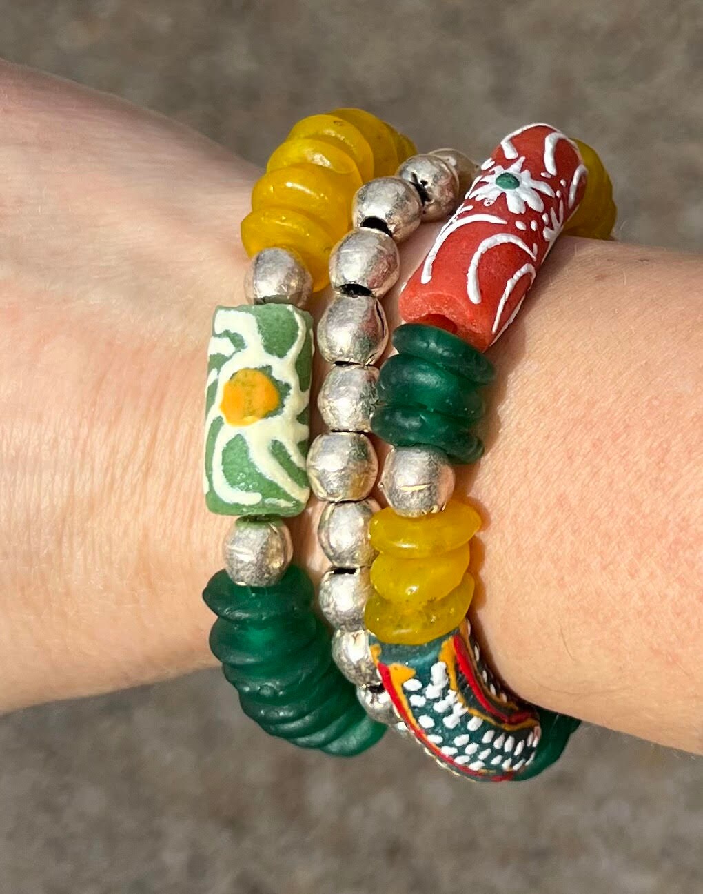 Women's Handmade Bracelet Stack in Green, Yellow and Gold, African Inspired Jewelry, Glass Beaded Set, Boutique Style Gifts, Small Wrist