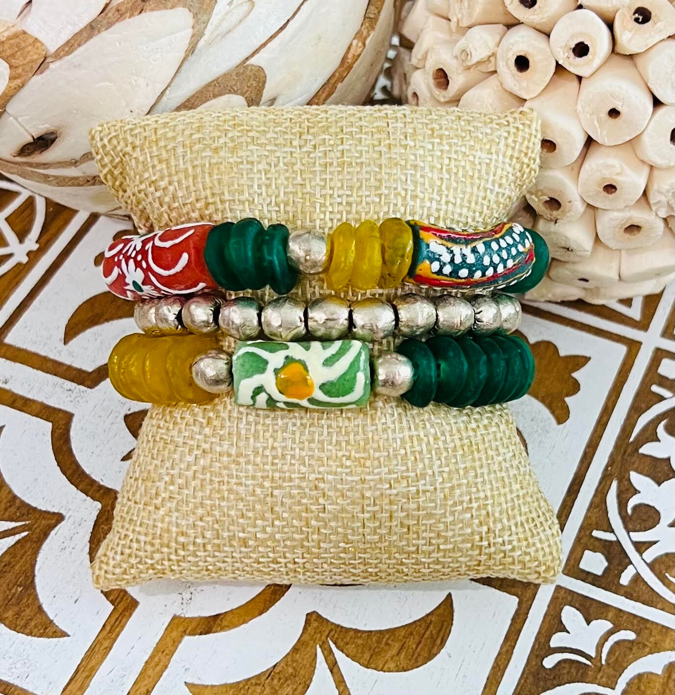 Women's Handmade Bracelet Stack in Green, Yellow and Gold, African Inspired Jewelry, Glass Beaded Set, Boutique Style Gifts, Small Wrist