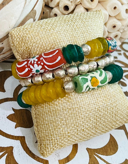 Women's Handmade Bracelet Stack in Green, Yellow and Gold, African Inspired Jewelry, Glass Beaded Set, Boutique Style Gifts, Small Wrist