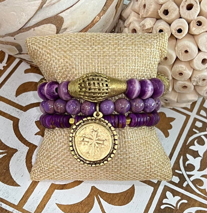 Women's Purple and Gold Bracelet Stack, Handmade Beaded Bracelet Set, Gemstone and African Boutique Pieces, Gift Idea, Smaller Wrist