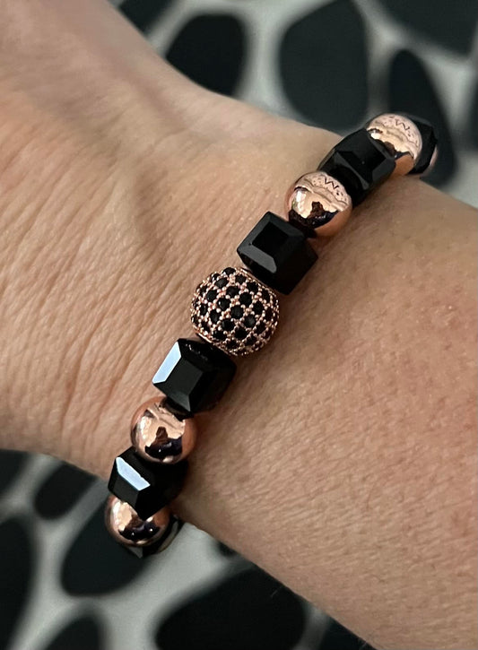 Women's Rose Gold and Black Pave Crystal Bracelet, Handmade Beaded Bracelet, Boutique Jewelry, Formal Accessories, Dressy, Stackable, Gift