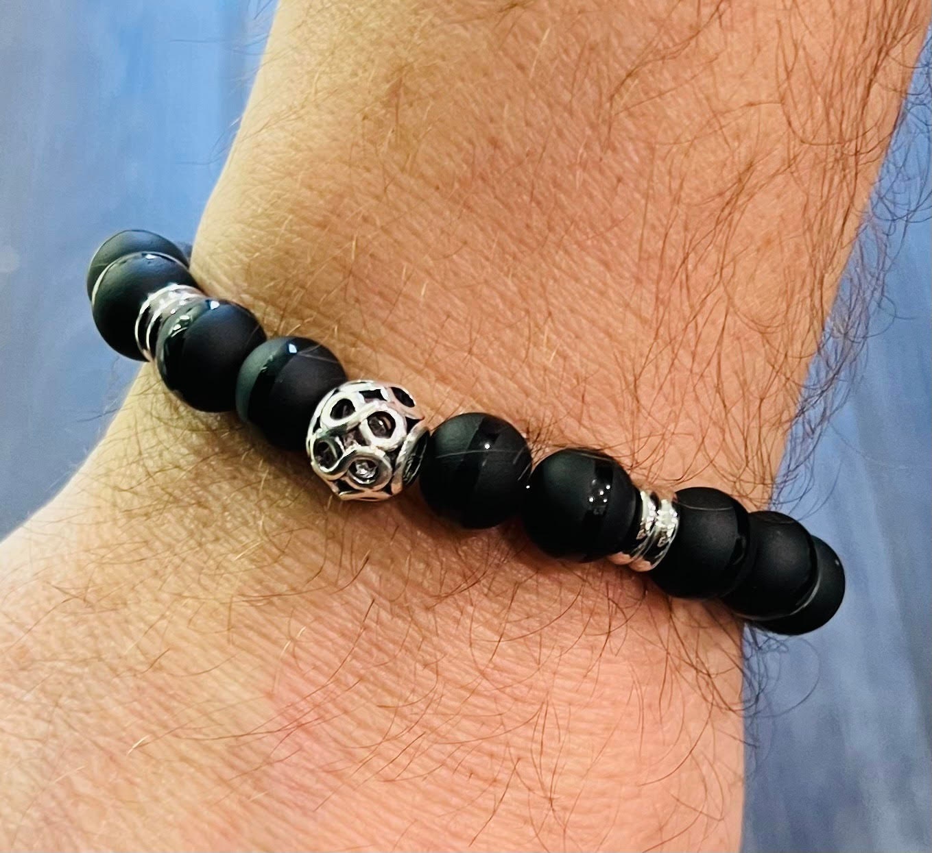 Men's Black Onyx and Silver Stainless Steel Bracelet, Infinity Symbol, Masculine Beaded Bracelet, Gift Idea for Men, Unisex Jewelry