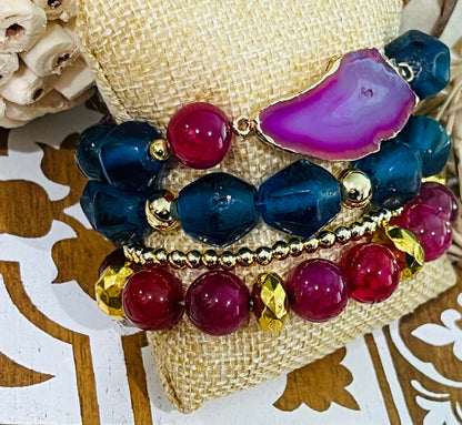 Women's Bracelet Stack in Pink or Purple, Navy Blue and Gold, Agate and African Glass, Unique Boutique Jewelry Set, Gift for Her