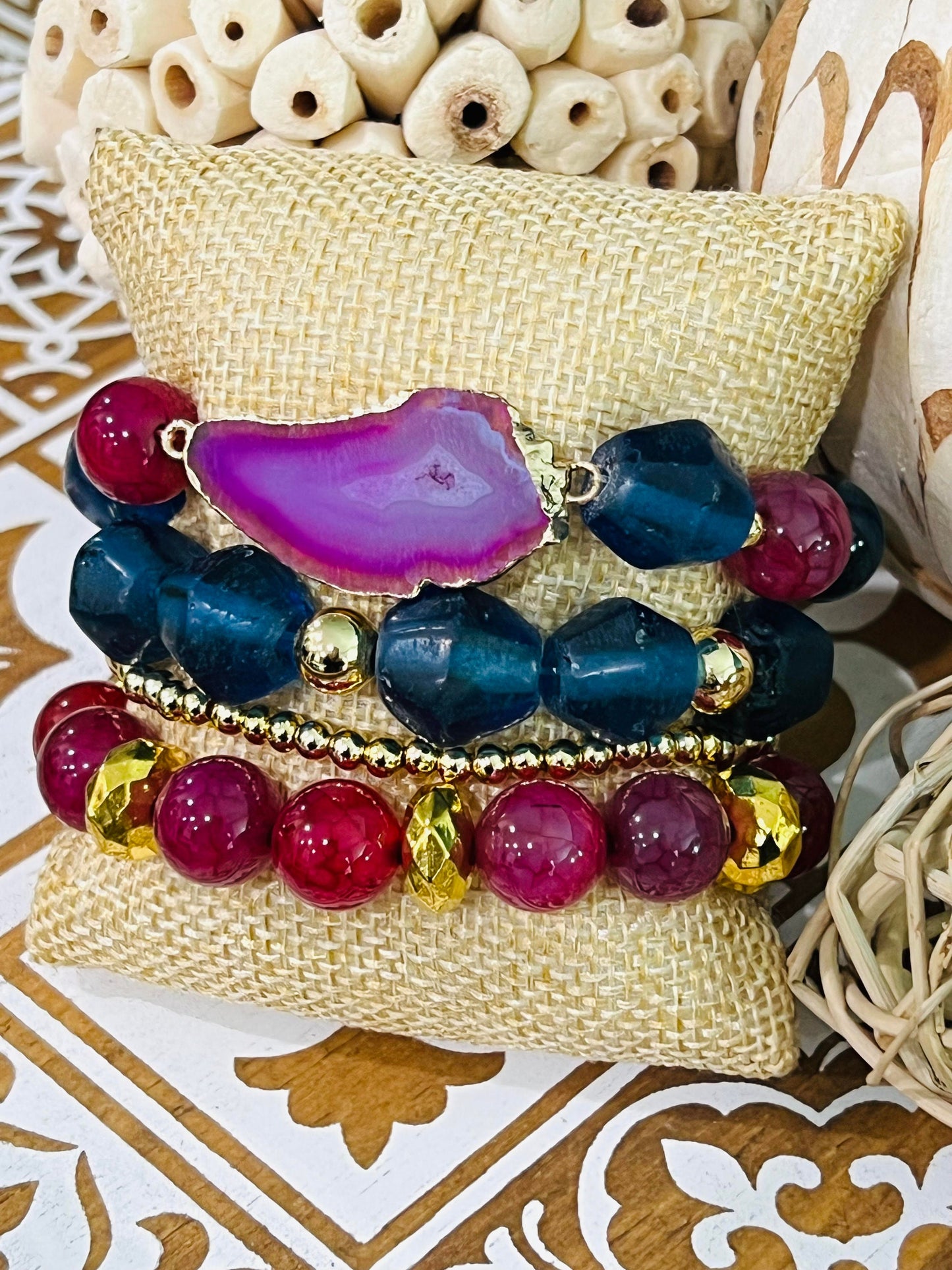 Women's Bracelet Stack in Pink or Purple, Navy Blue and Gold, Agate and African Glass, Unique Boutique Jewelry Set, Gift for Her