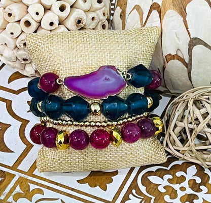 Women's Bracelet Stack in Pink or Purple, Navy Blue and Gold, Agate and African Glass, Unique Boutique Jewelry Set, Gift for Her