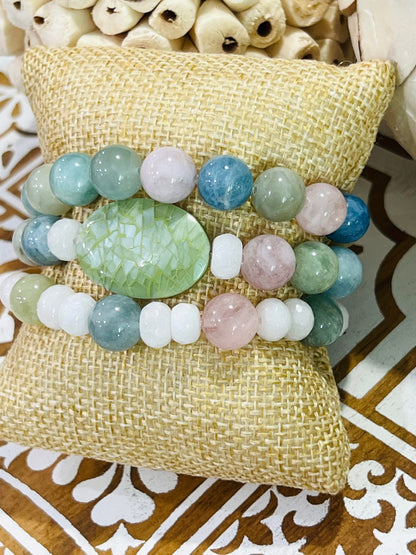 Women's Pastel Gemstone Bracelet Stack, White, Pink, Blue and Green Beaded Bracelet Set, Handmade Gift for Her