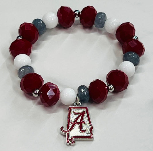 Women's University of Alabama Charm Bracelet in Deep Red, White, Gray and Silver, Handmade Alabama Beaded Jewelry, Gift Idea for Her