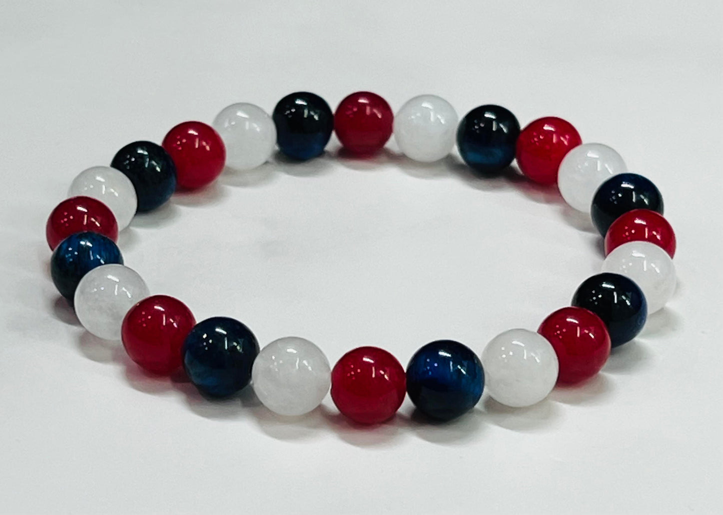 Red and White Jade and Dark Blue Tiger Eye Gemstone Beaded Bracelet, Men's, Women's, Unisex Bead Jewelry, Gift Idea, Stackable, Patriotic