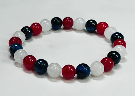 Red and White Jade and Dark Blue Tiger Eye Gemstone Beaded Bracelet, Men's, Women's, Unisex Bead Jewelry, Gift Idea, Stackable, Patriotic