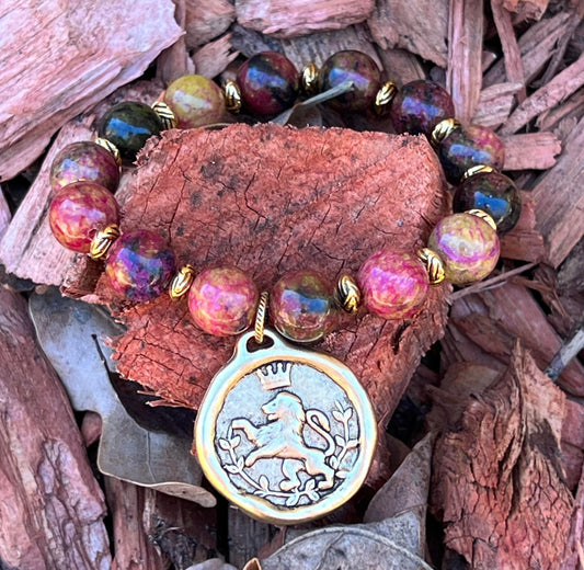 Women's Bracelet Gold Lion Charm with Red Turtle Jasper Gemstone Beads, Pink, Purple, Mauve, Elegant 12K Gold Handmade Bracelet, Boutique