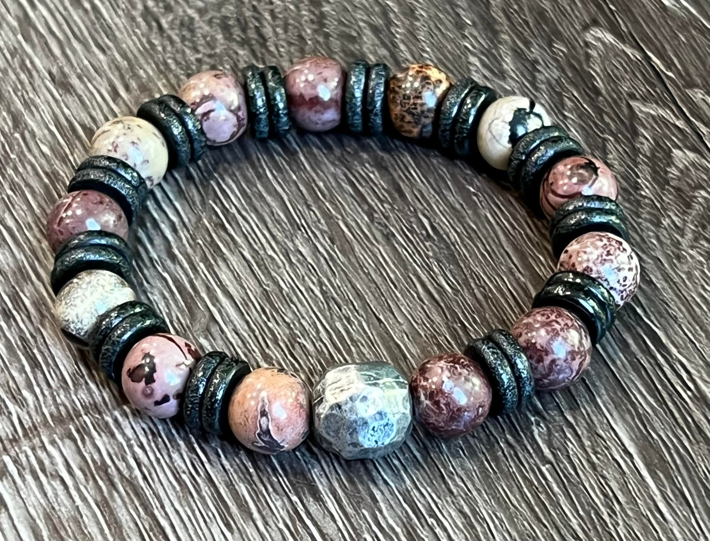 Men's Pink, Gray, Black Paintbrush Jasper Gemstone Beaded Bracelet, African Metal Bracelet, Pewter Accessory, Unisex Boutique Jewelry