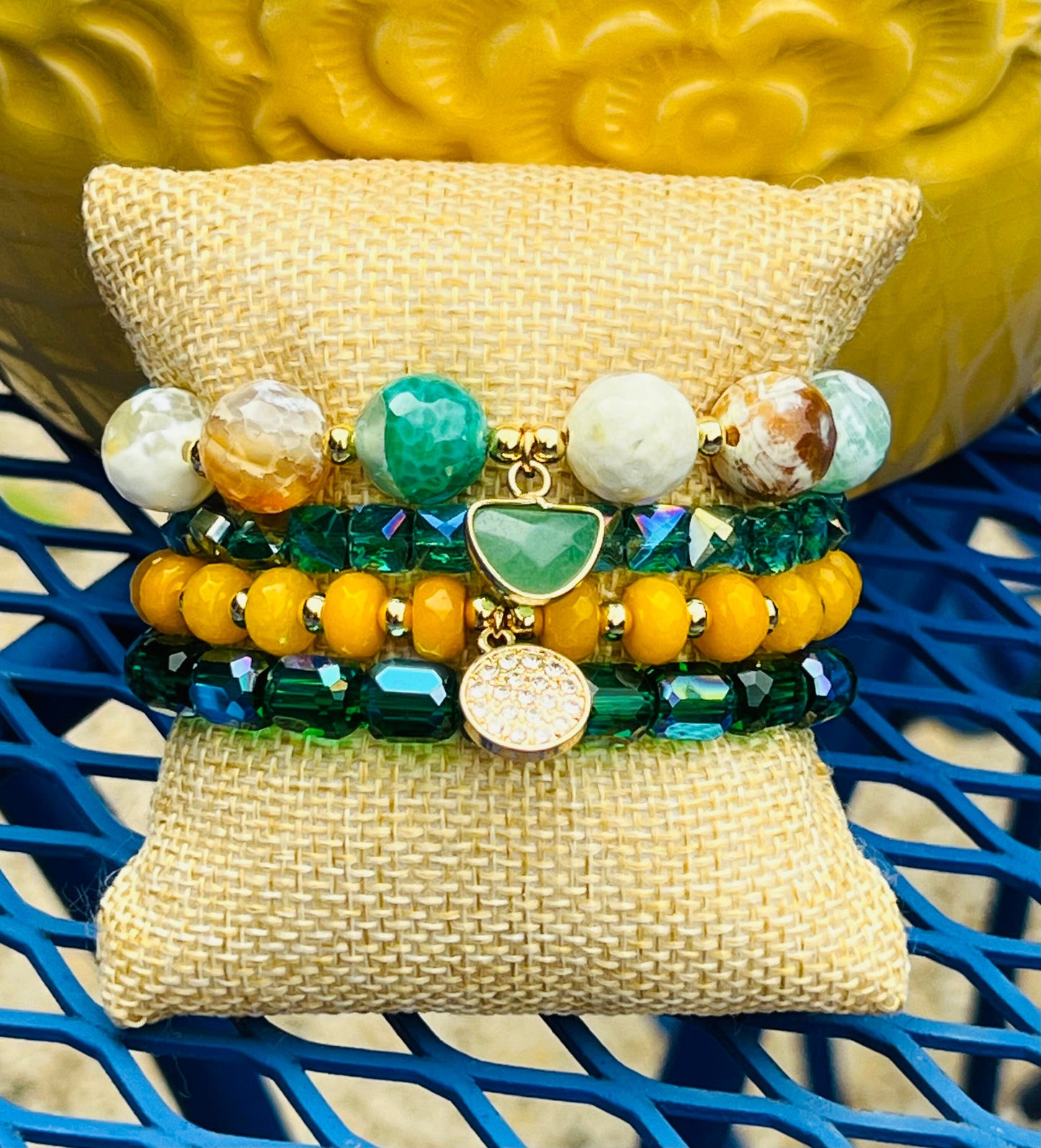 Women's Green, Yellow, White and Gold Beaded Bracelet Stack, Gemstone and Glass Bracelet Set, Chunky Bracelet, Colorful, Gift for Her