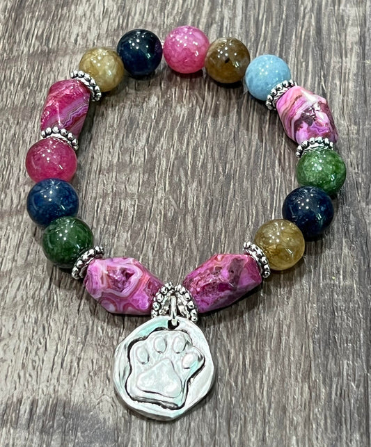 Women's Dog Paw Print Charm Bracelet, Gemstone and Silver Beaded Bracelet, Purple, Pink, Blue and Green Handmade Bracelet, Gift for Her