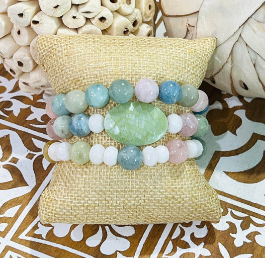 Women's Pastel Gemstone Bracelet Stack, White, Pink, Blue and Green Beaded Bracelet Set, Handmade Gift for Her