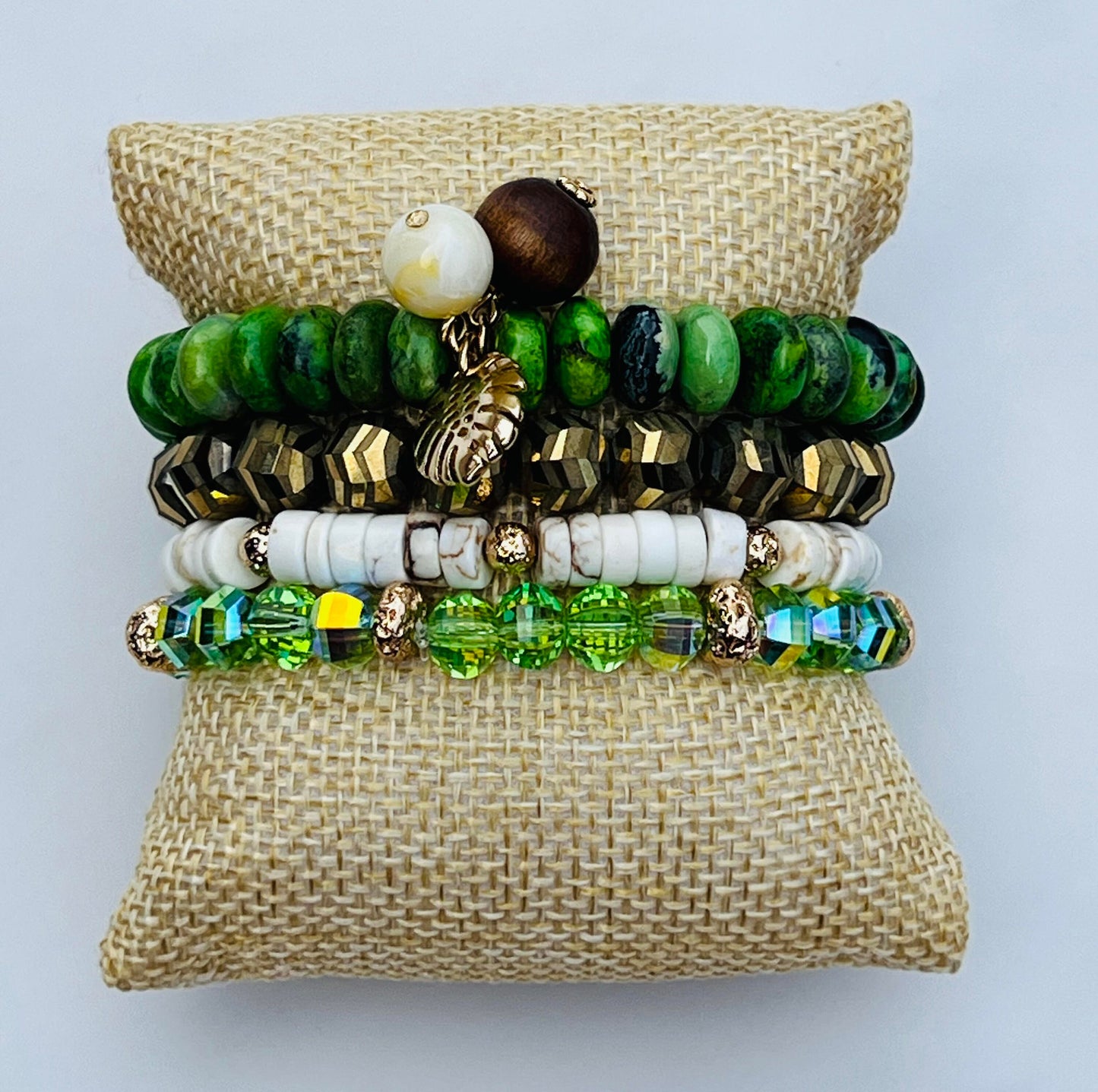 Women's Handmade Beaded Bracelet Stack in Green, Brown, Cream and Gold, Nature Inspired Gemstone and Crystal, Palm Leaf, Statement Jewelry