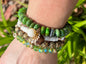 Women's Handmade Beaded Bracelet Stack in Green, Brown, Cream and Gold, Nature Inspired Gemstone and Crystal, Palm Leaf, Statement Jewelry