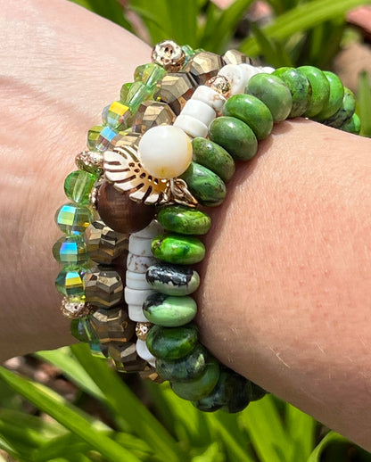 Women's Handmade Beaded Bracelet Stack in Green, Brown, Cream and Gold, Nature Inspired Gemstone and Crystal, Palm Leaf, Statement Jewelry