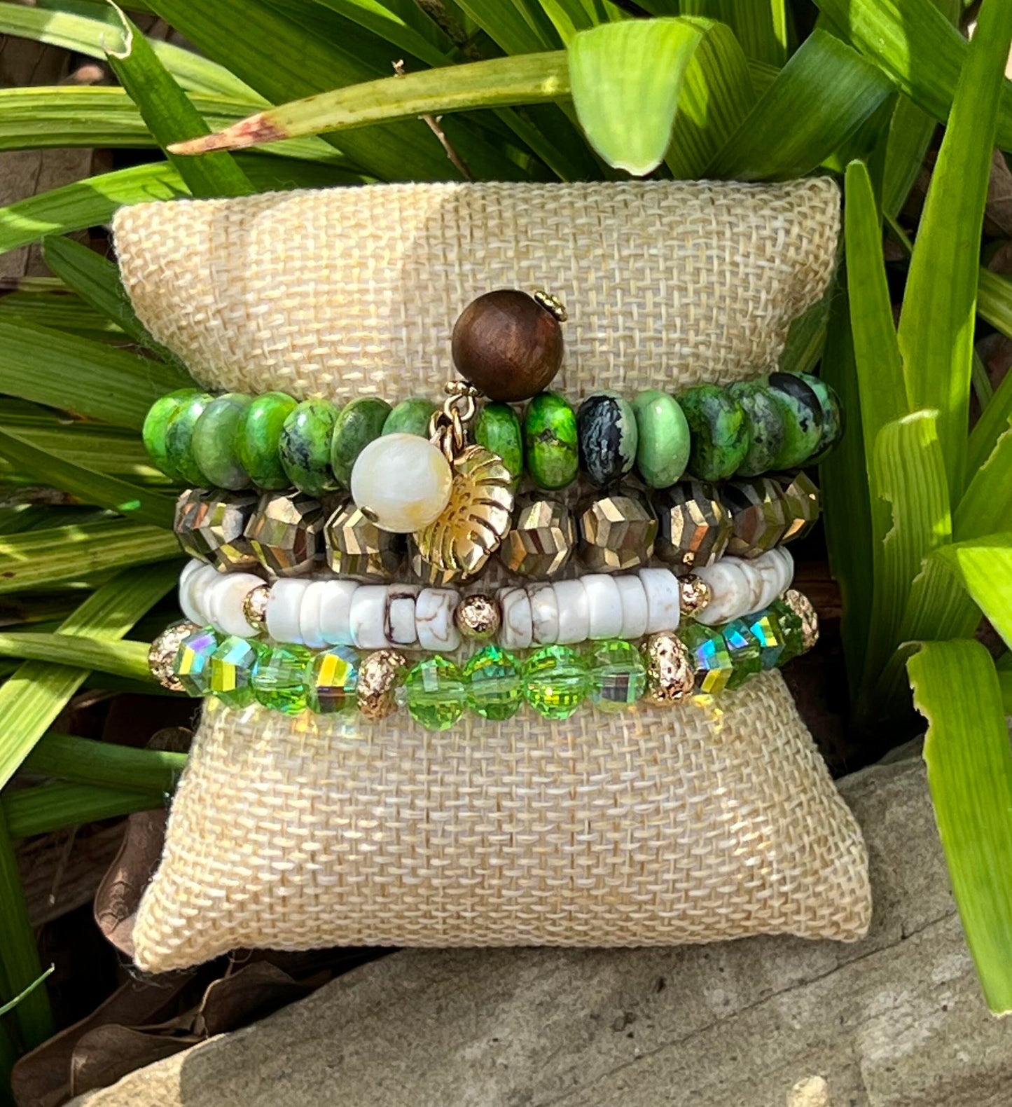 Women's Handmade Beaded Bracelet Stack in Green, Brown, Cream and Gold, Nature Inspired Gemstone and Crystal, Palm Leaf, Statement Jewelry