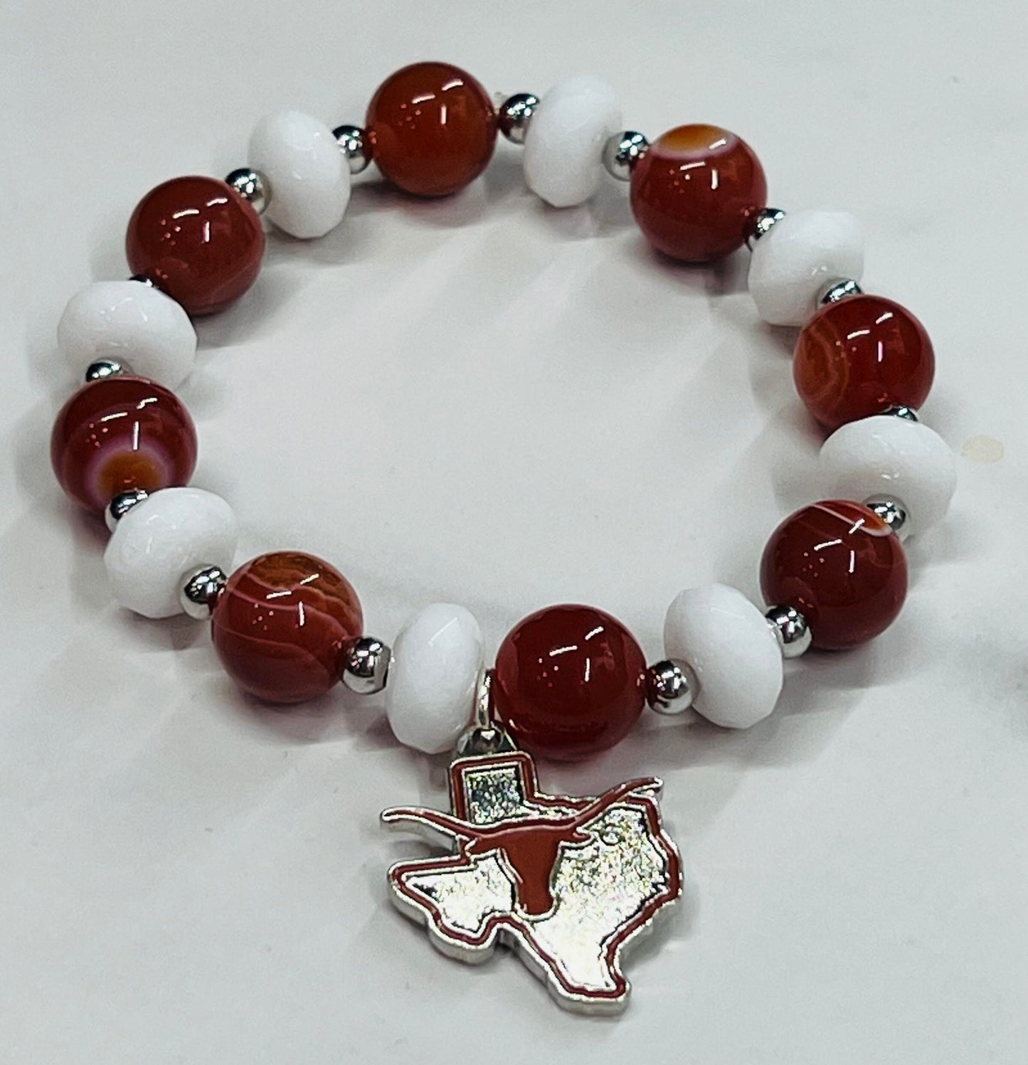 Women's University of Texas Charm Bracelet in Burnt Orange, White and Silver, Handmade Texas Longhorns Beaded Jewelry Gift, Gemstone Beaded