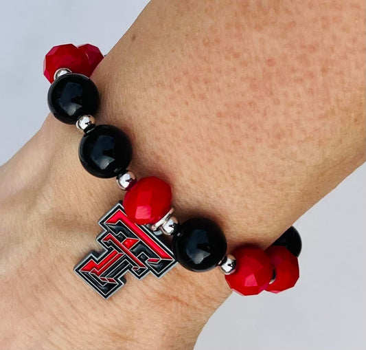 Women's Texas Tech Charm Bracelet in Red, Black and Silver, Handmade Tech Raiders Beaded Jewelry, Gift Idea