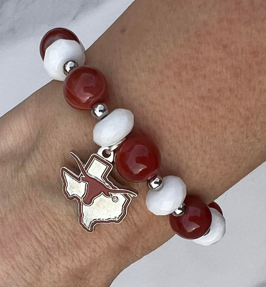 Women's University of Texas Charm Bracelet in Burnt Orange, White and Silver, Handmade Texas Longhorns Beaded Jewelry Gift, Gemstone Beaded