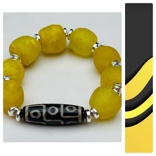 Women's Yellow, Black and Silver Chunky Bracelet, African Glass and Tibetan Beaded Handmade Bracelet, Statement Jewelry, Boho Boutique Style