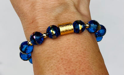 Women's Blue Crystal Glass and Gold Beaded Bracelet, Iridescent, Contemporary, Stackable, Handmade Stretch Bracelet, Gift for Her