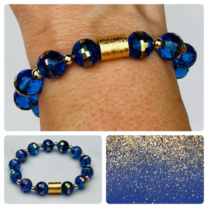 Women's Blue Crystal Glass and Gold Beaded Bracelet, Iridescent, Contemporary, Stackable, Handmade Stretch Bracelet, Gift for Her