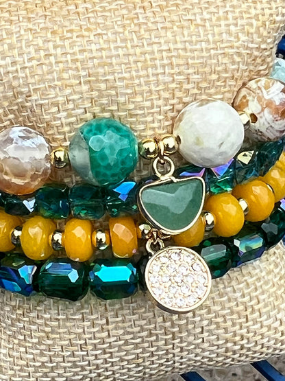 Women's Green, Yellow, White and Gold Beaded Bracelet Stack, Gemstone and Glass Bracelet Set, Chunky Bracelet, Colorful, Gift for Her